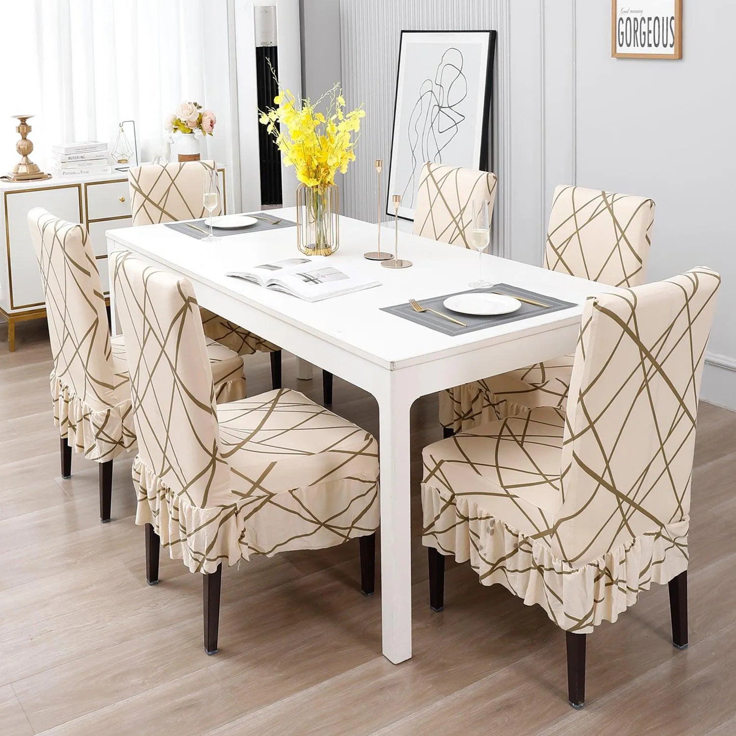 Elastic Stretchable Dining Chair Cover with Frill, Beige Abstract Line