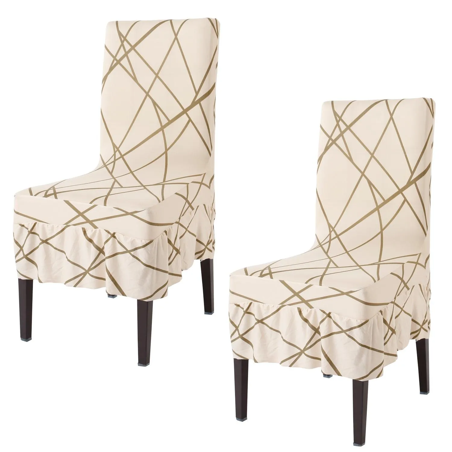 Elastic Stretchable Dining Chair Cover with Frill, Beige Abstract Line