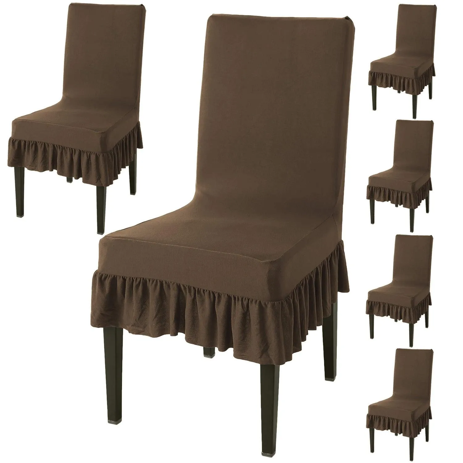 Elastic Stretchable Dining Chair Cover with Frill, Coffee Brown