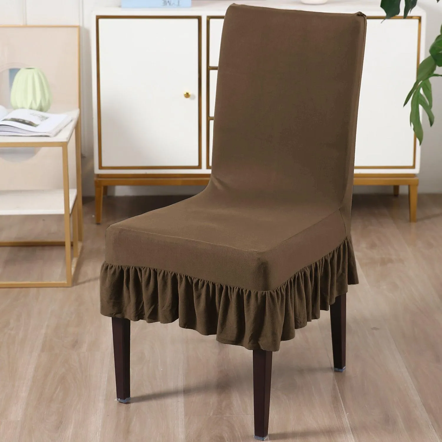 Elastic Stretchable Dining Chair Cover with Frill, Coffee Brown