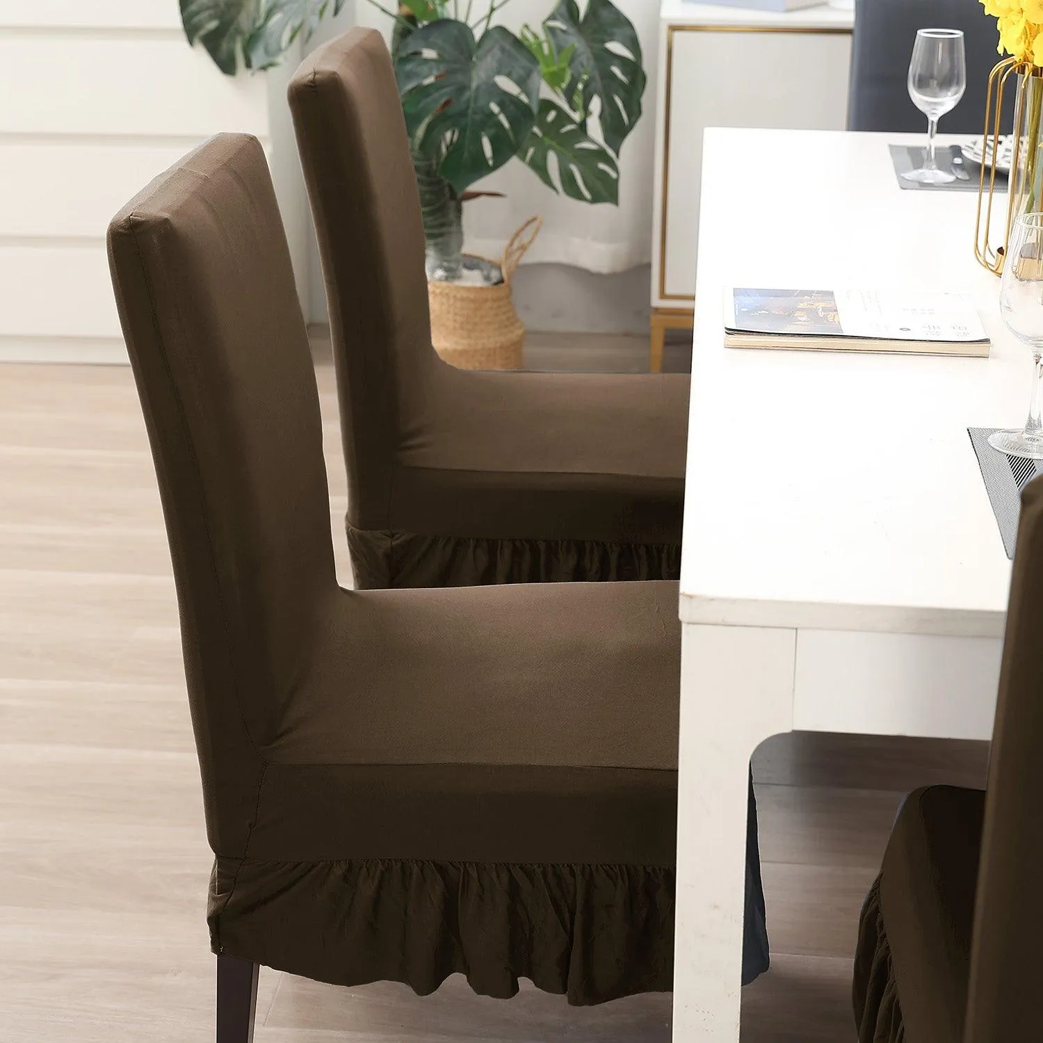 Elastic Stretchable Dining Chair Cover with Frill, Coffee Brown