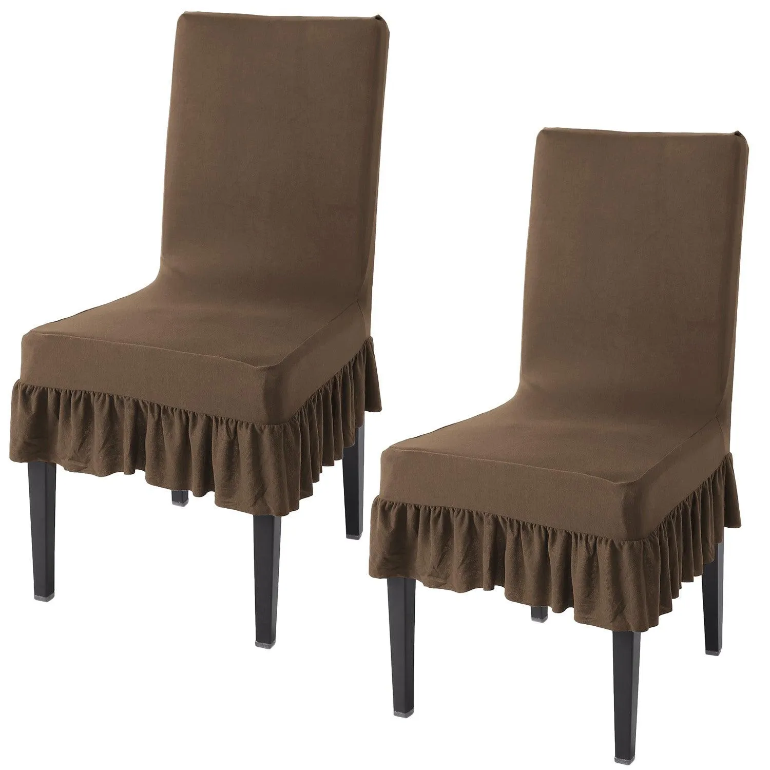 Elastic Stretchable Dining Chair Cover with Frill, Coffee Brown