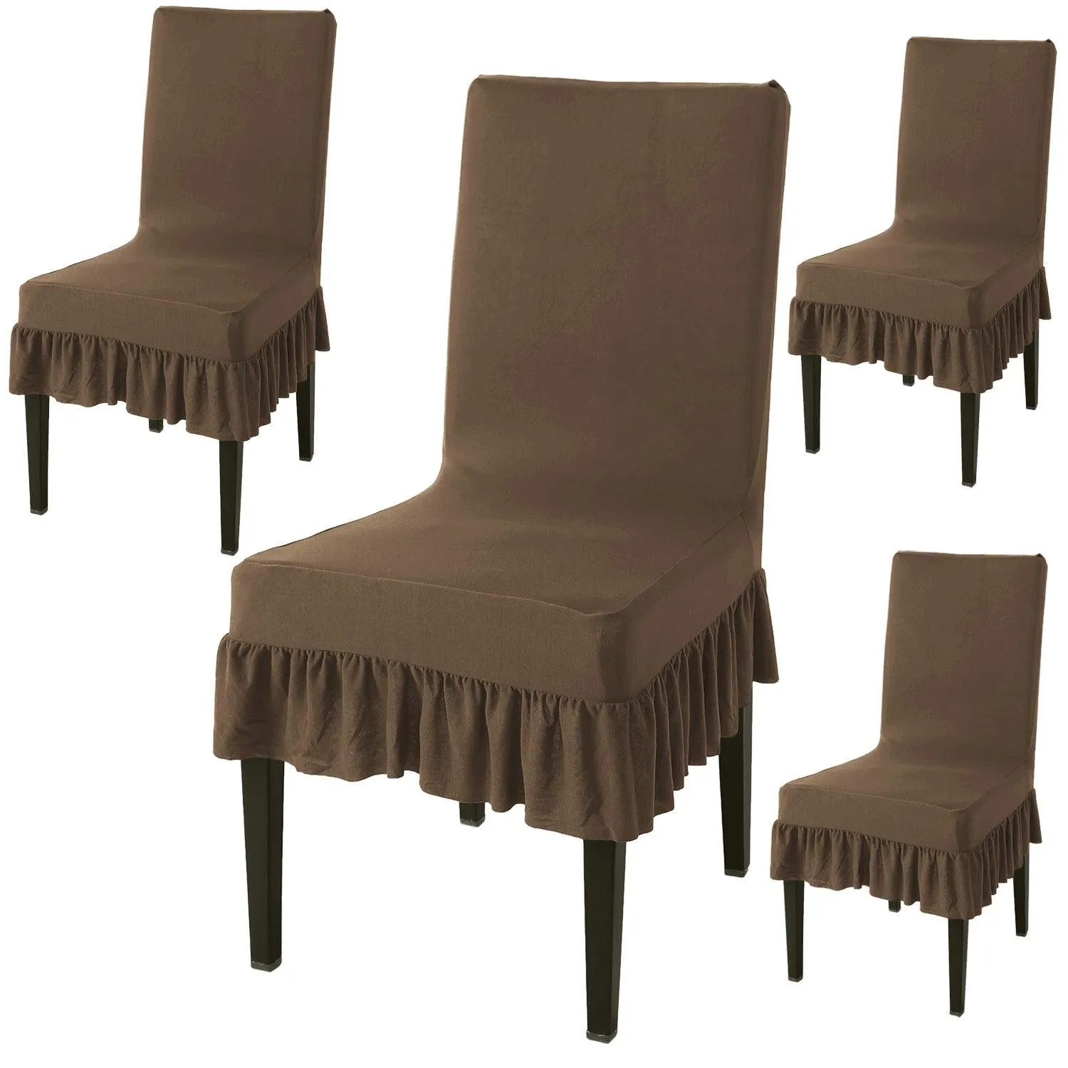 Elastic Stretchable Dining Chair Cover with Frill, Coffee Brown