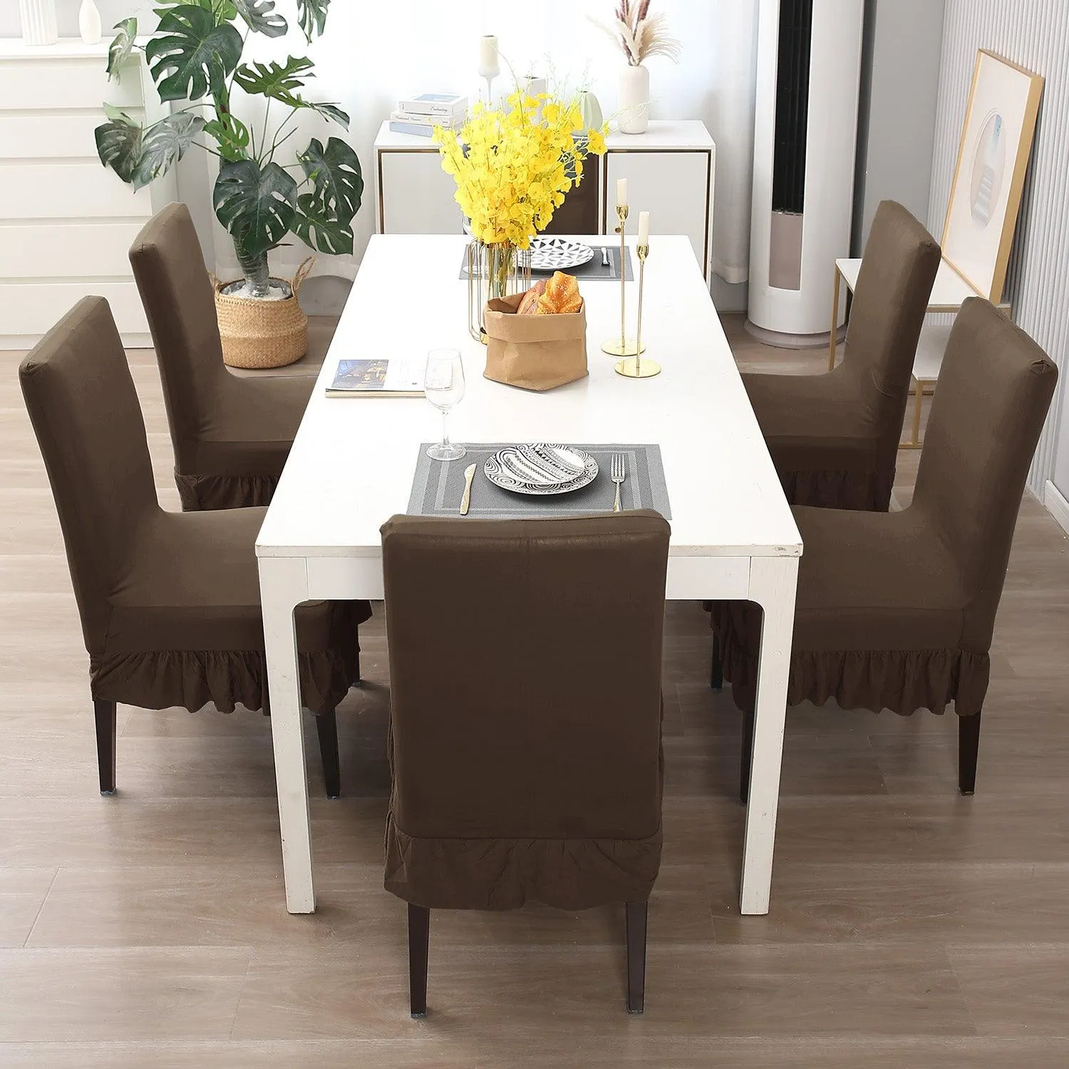 Elastic Stretchable Dining Chair Cover with Frill, Coffee Brown