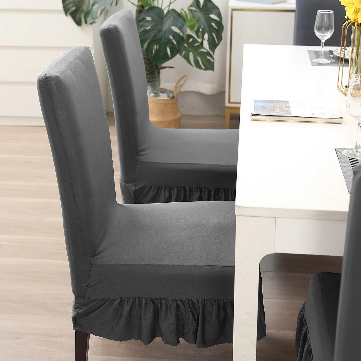 Elastic Stretchable Dining Chair Cover with Frill, Fossil Grey