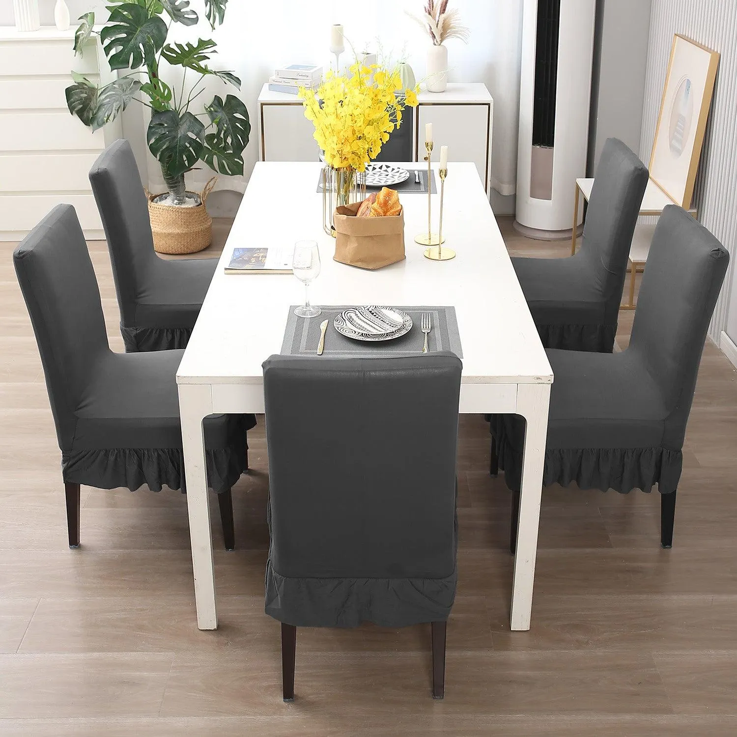 Elastic Stretchable Dining Chair Cover with Frill, Fossil Grey