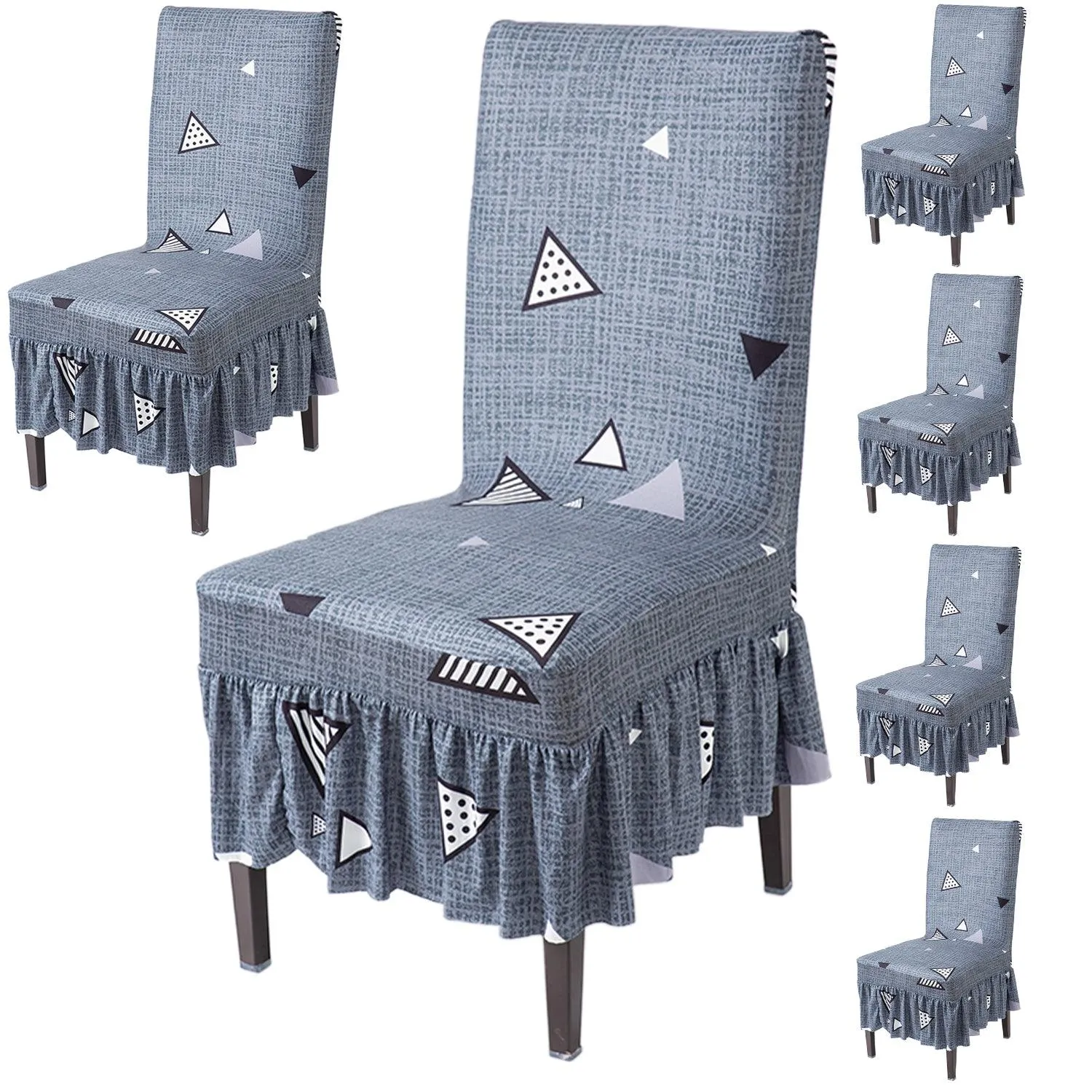 Elastic Stretchable Dining Chair Cover with Frill, Porpoise Grey Triangle