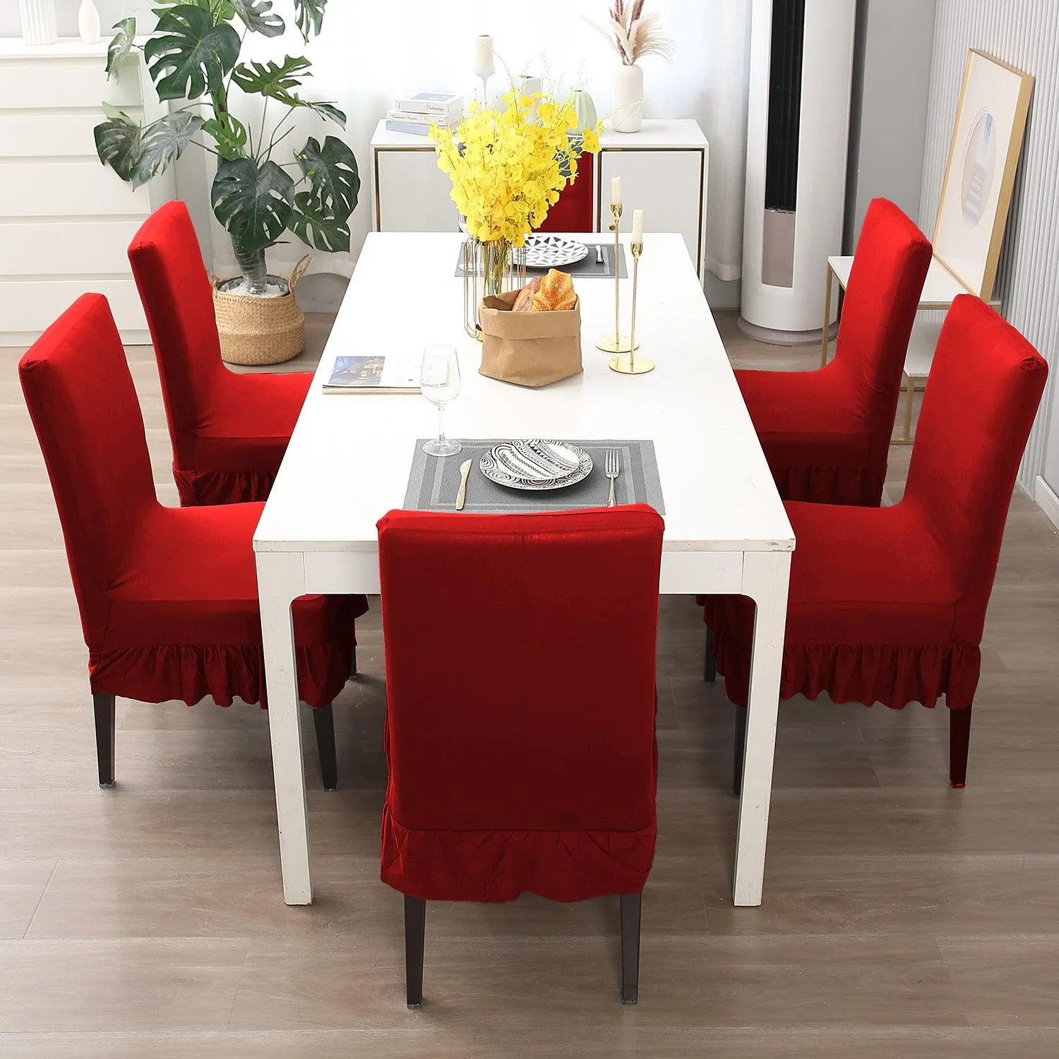 Elastic Stretchable Dining Chair Cover with Frill, Scarlet Red