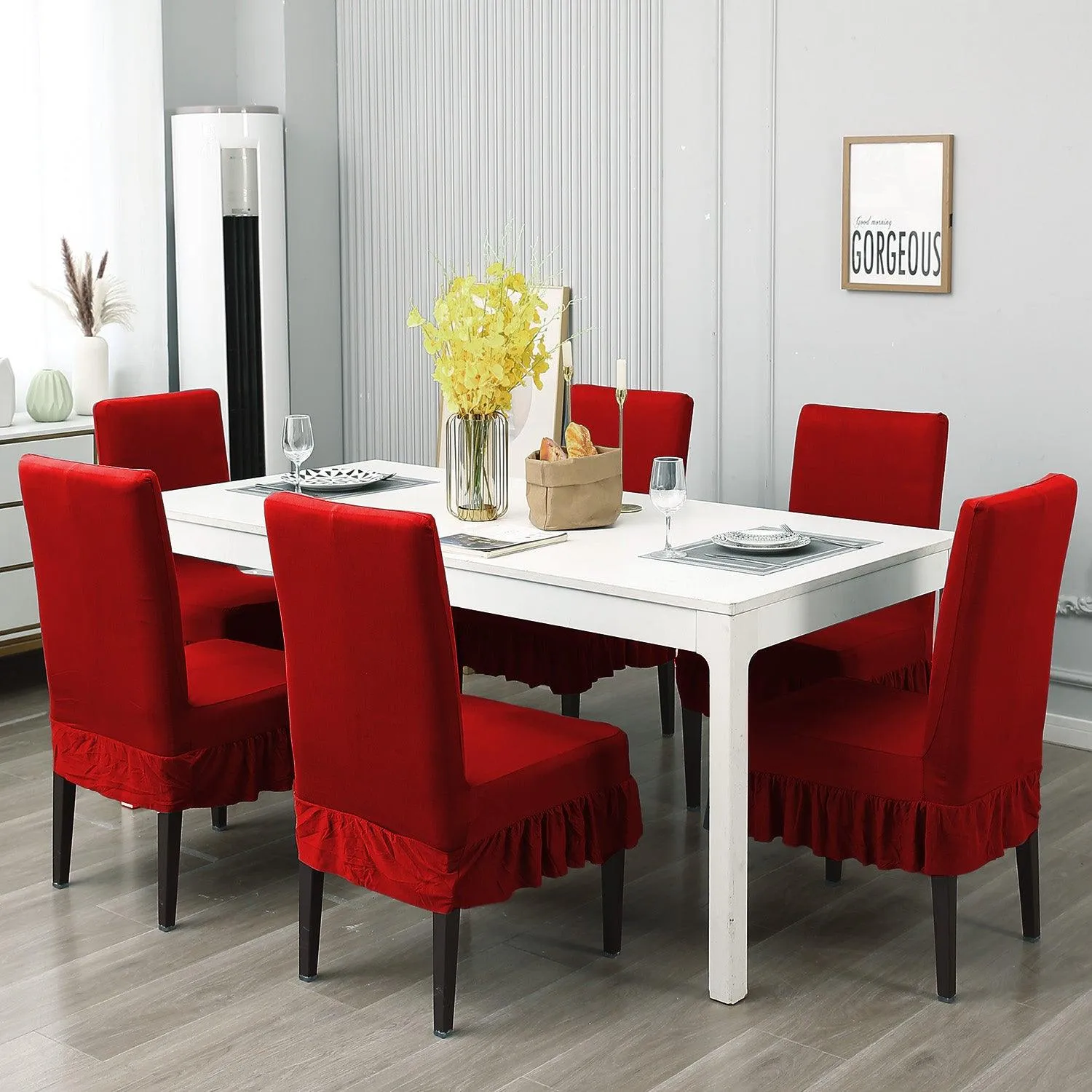 Elastic Stretchable Dining Chair Cover with Frill, Scarlet Red