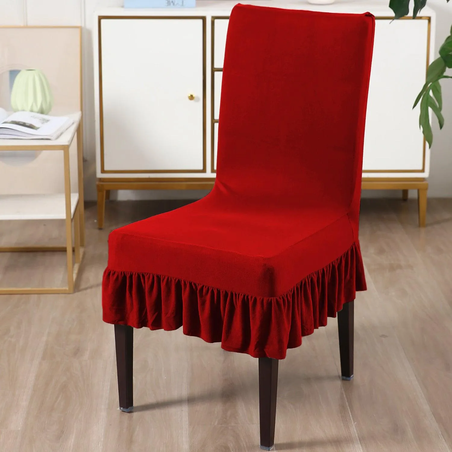 Elastic Stretchable Dining Chair Cover with Frill, Scarlet Red