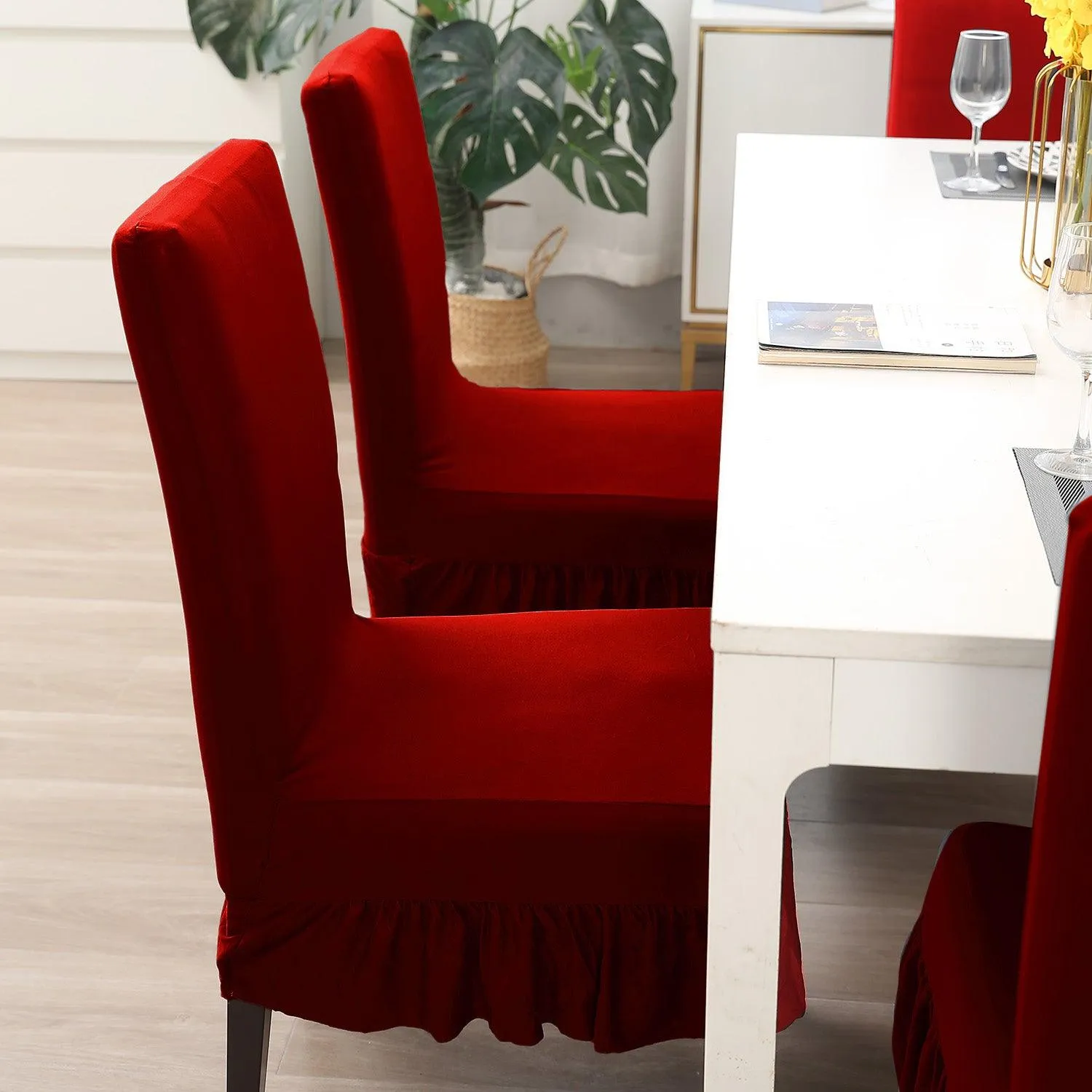 Elastic Stretchable Dining Chair Cover with Frill, Scarlet Red