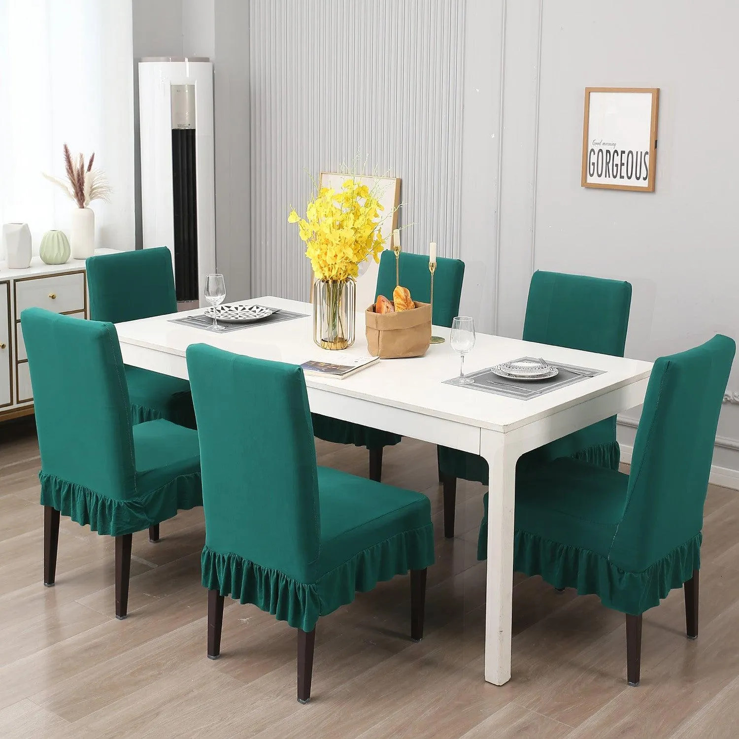 Elastic Stretchable Dining Chair Cover with Frill, Teal