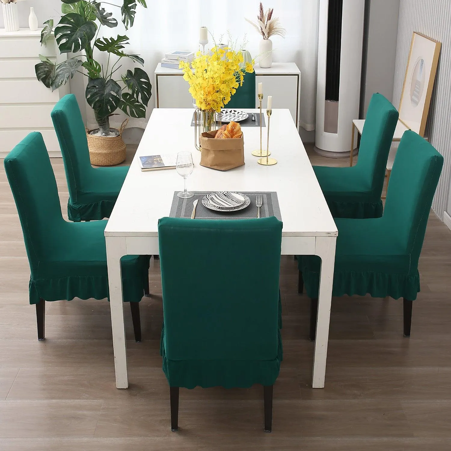 Elastic Stretchable Dining Chair Cover with Frill, Teal