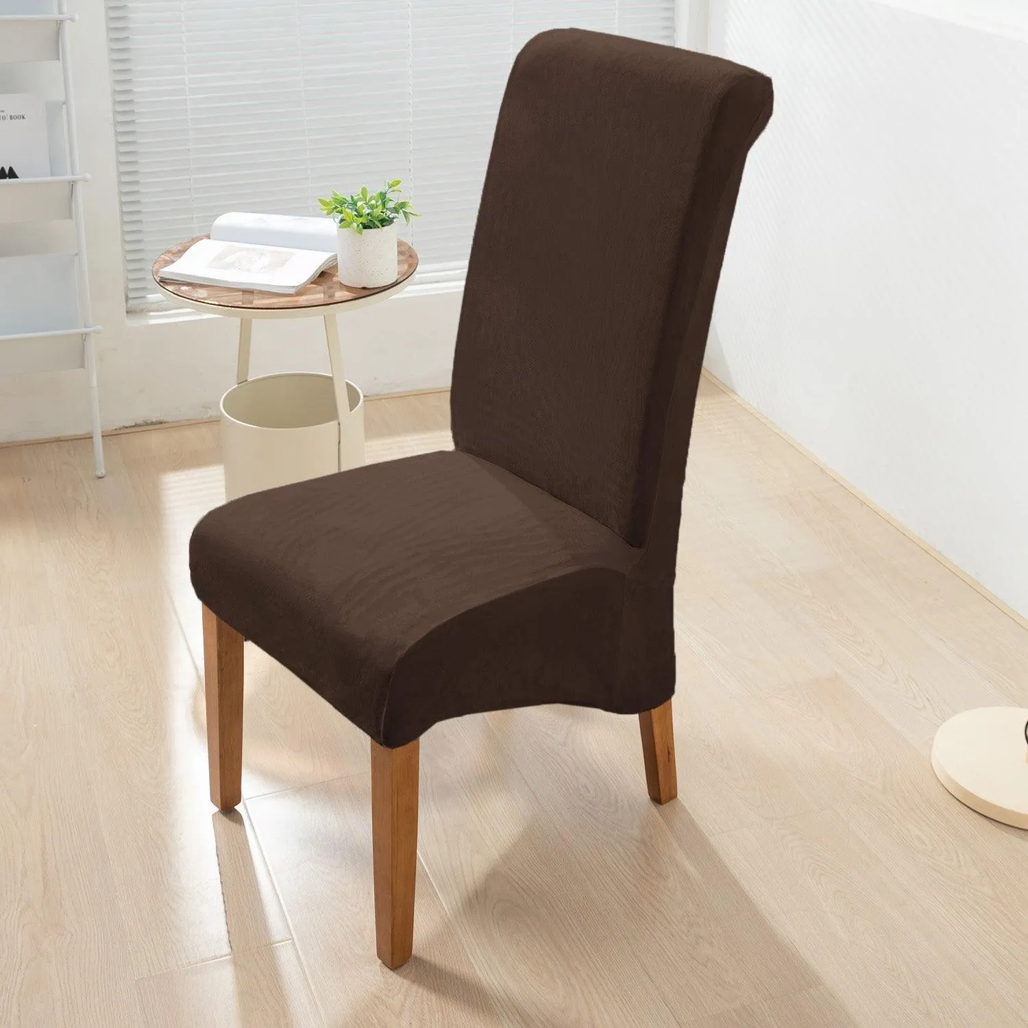 Elastic Stretchable Premium Velvet Long Back Dining Chair Cover, Brown