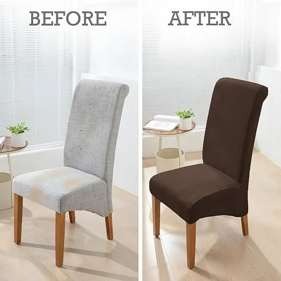Elastic Stretchable Premium Velvet Long Back Dining Chair Cover, Brown