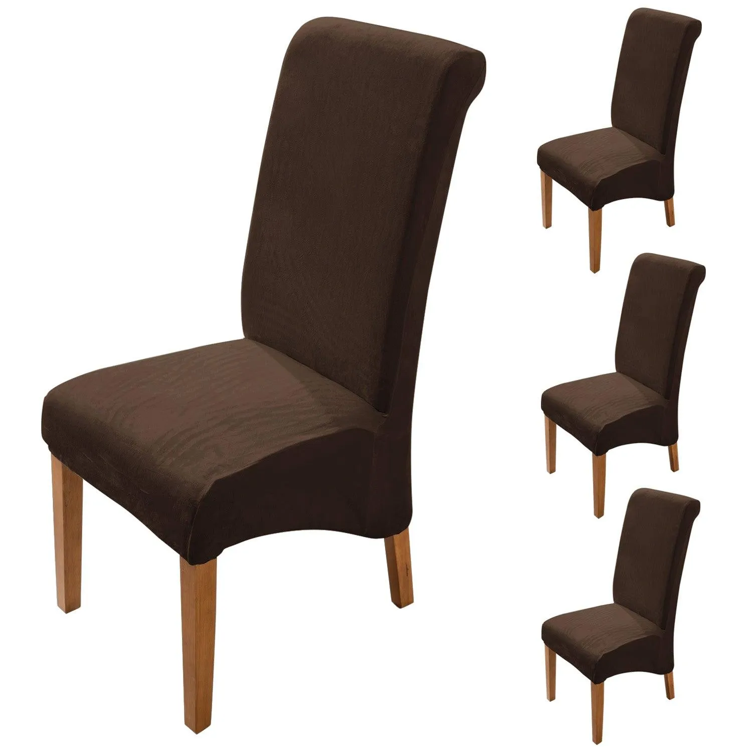Elastic Stretchable Premium Velvet Long Back Dining Chair Cover, Brown