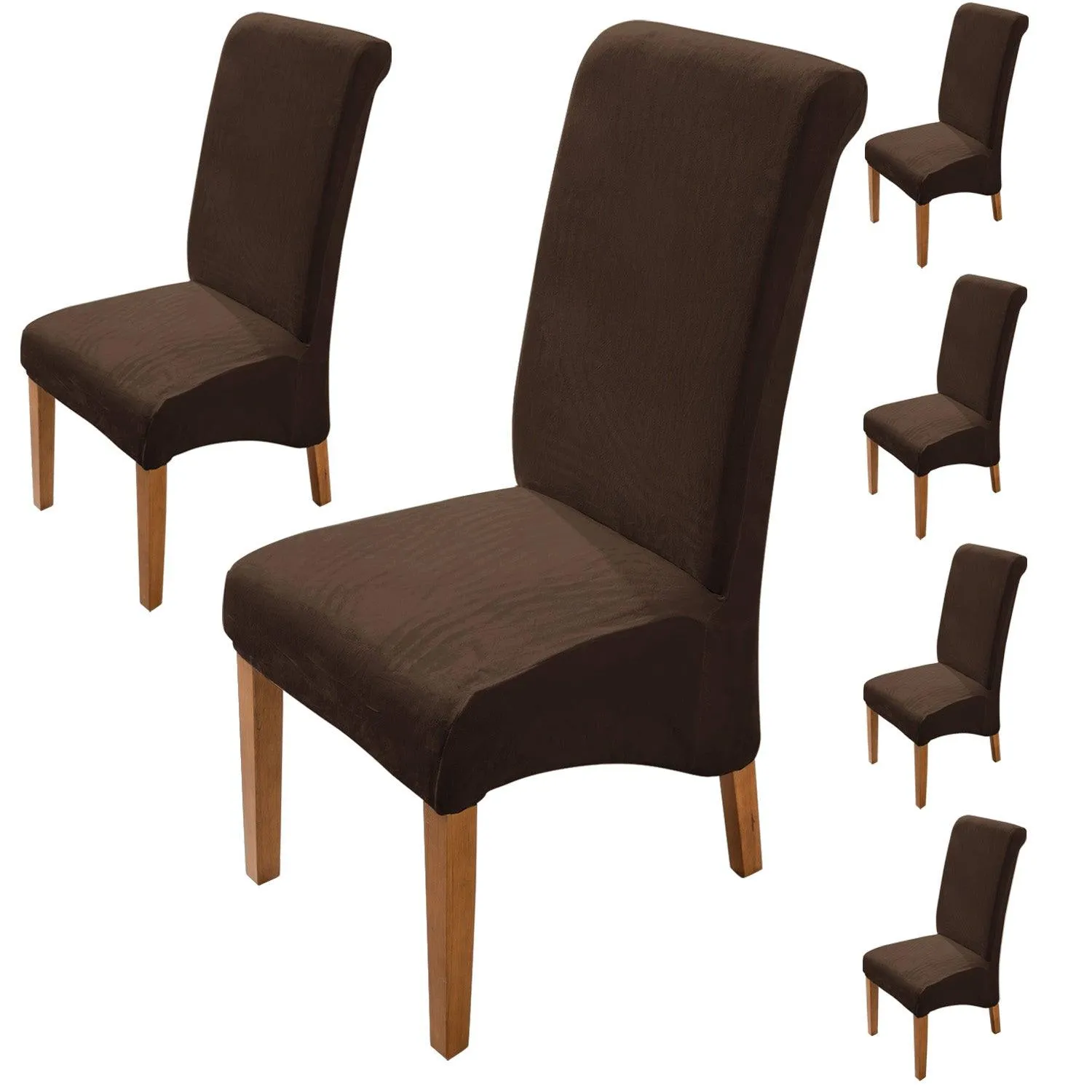 Elastic Stretchable Premium Velvet Long Back Dining Chair Cover, Brown