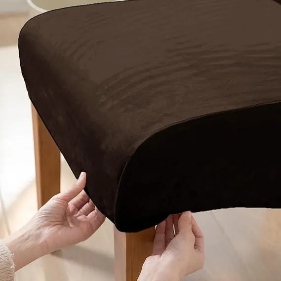 Elastic Stretchable Premium Velvet Long Back Dining Chair Cover, Brown
