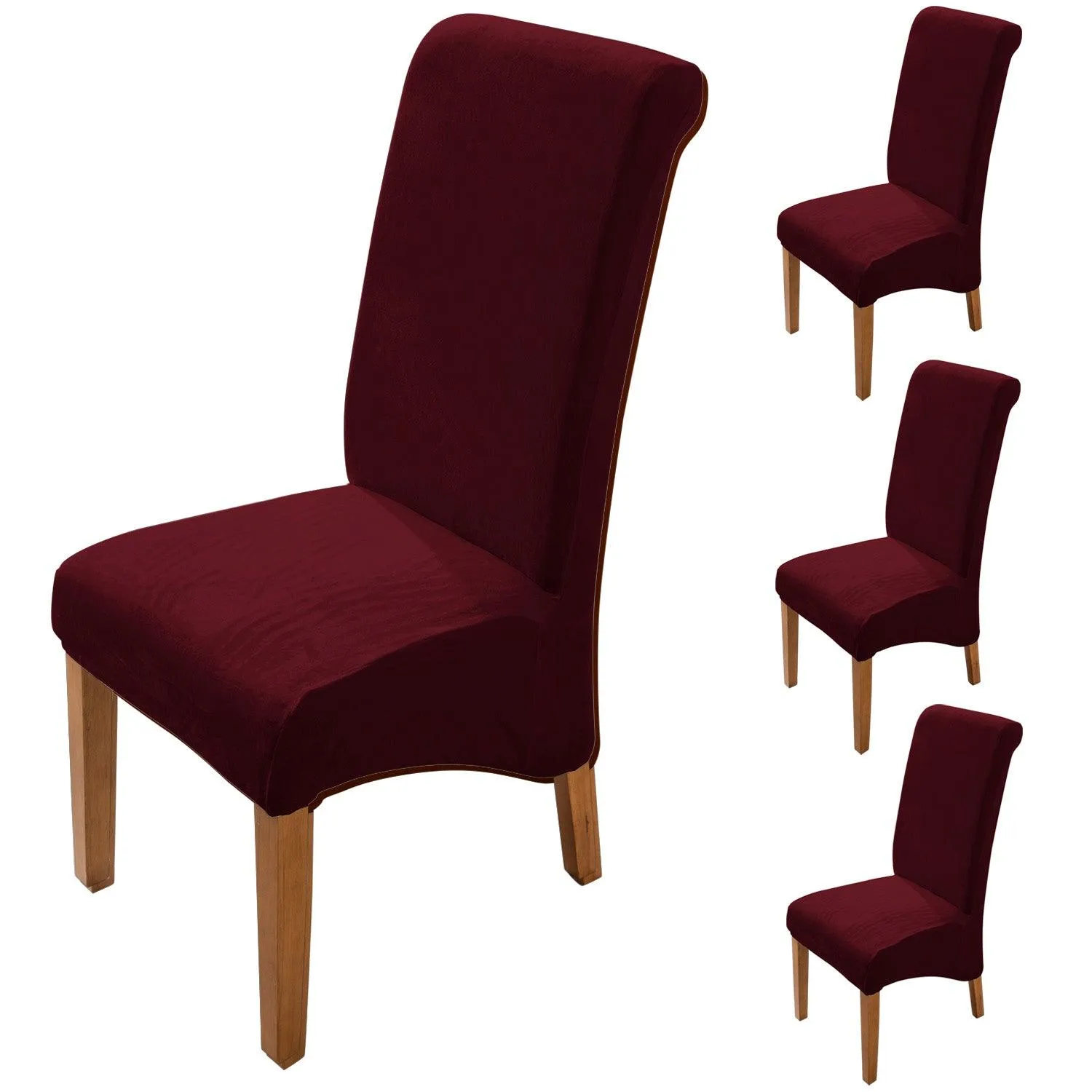 Elastic Stretchable Premium Velvet Long Back Dining Chair Cover, Burgundy