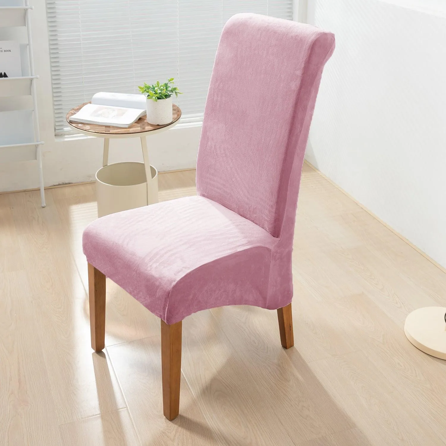 Elastic Stretchable Premium Velvet Long Back Dining Chair Cover, Pink