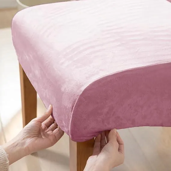 Elastic Stretchable Premium Velvet Long Back Dining Chair Cover, Pink