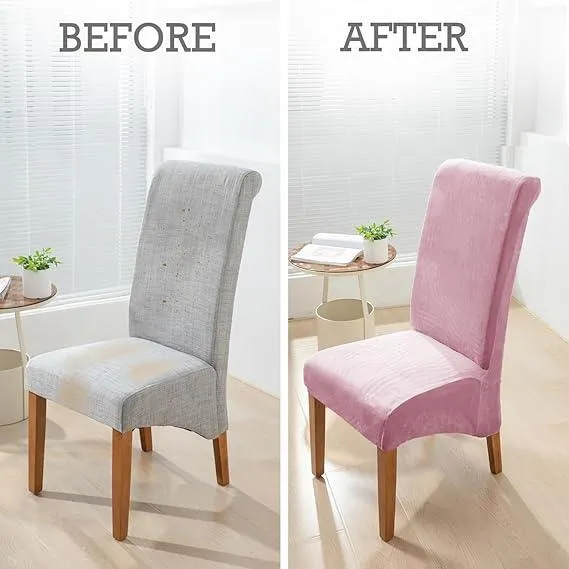 Elastic Stretchable Premium Velvet Long Back Dining Chair Cover, Pink