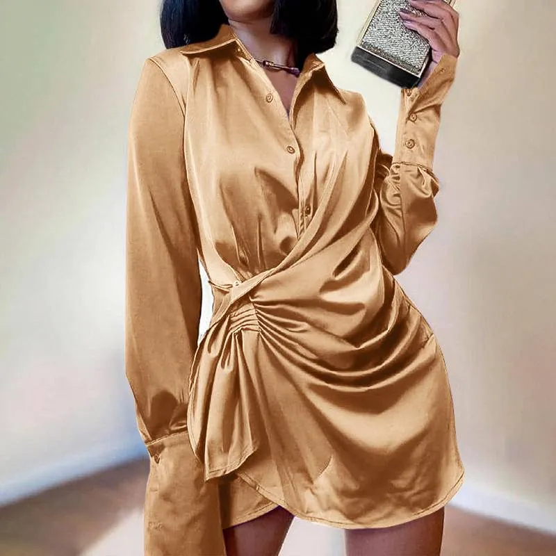 Elegant Draped Waisted Mini Satin Shirt Short Dress