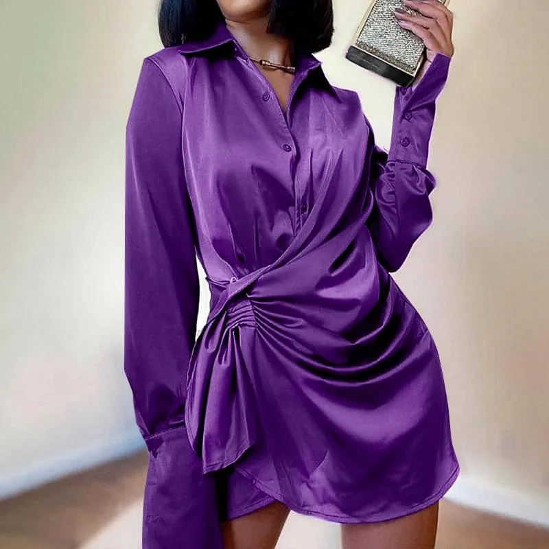 Elegant Draped Waisted Mini Satin Shirt Short Dress