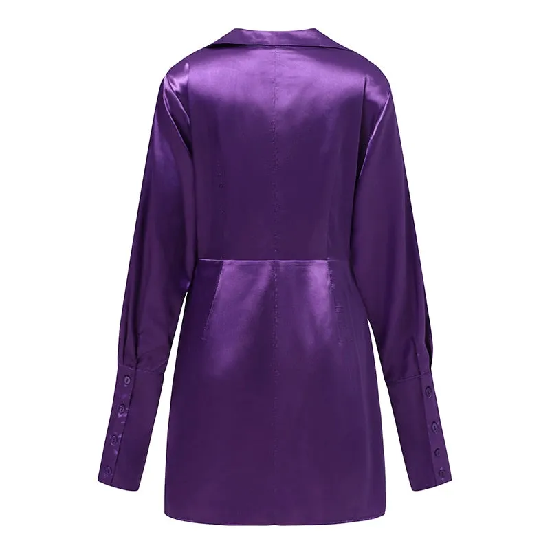 Elegant Draped Waisted Mini Satin Shirt Short Dress