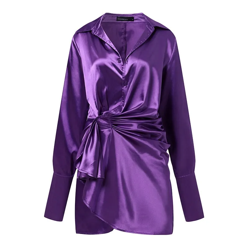 Elegant Draped Waisted Mini Satin Shirt Short Dress