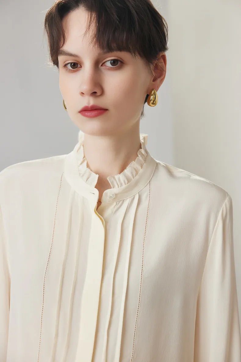 Elegant Lace Trim Pure Mulberry Silk Blouse