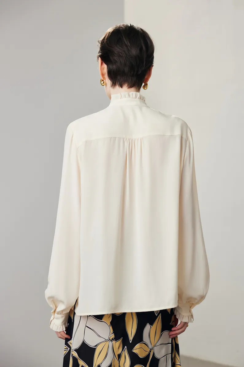 Elegant Lace Trim Pure Mulberry Silk Blouse