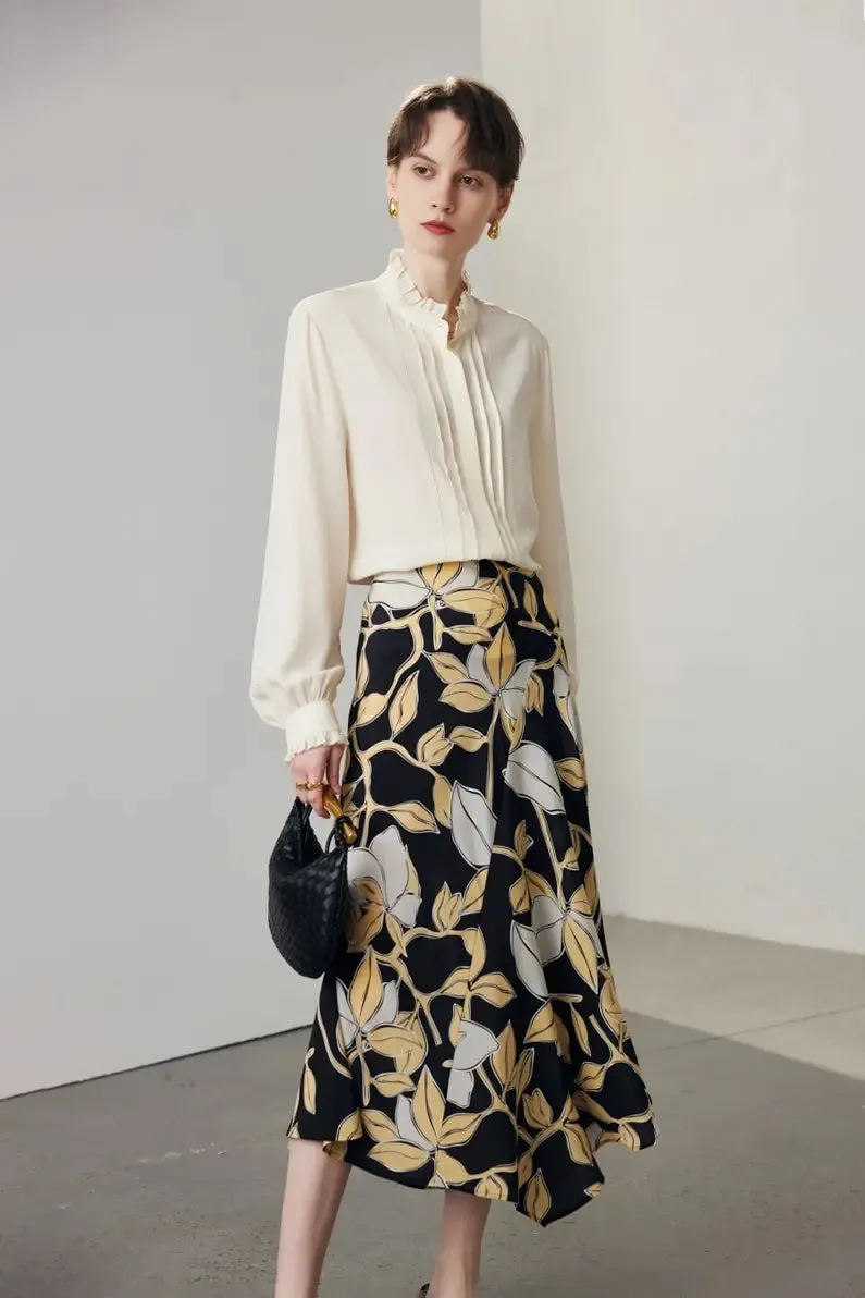 Elegant Lace Trim Pure Mulberry Silk Blouse