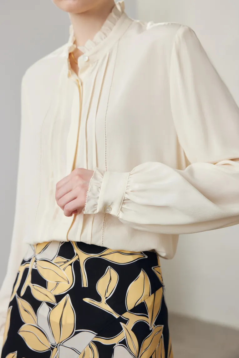 Elegant Lace Trim Pure Mulberry Silk Blouse