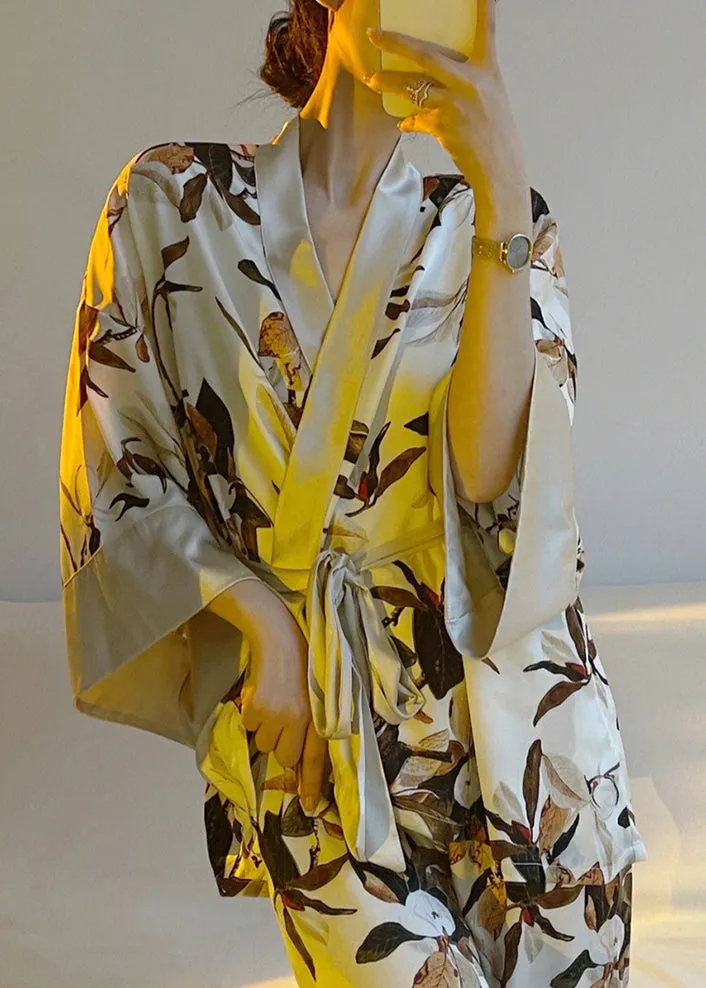 Elegant V Neck Print Tie Waist Satin Pajamas Two Piece Set Spring TO1048