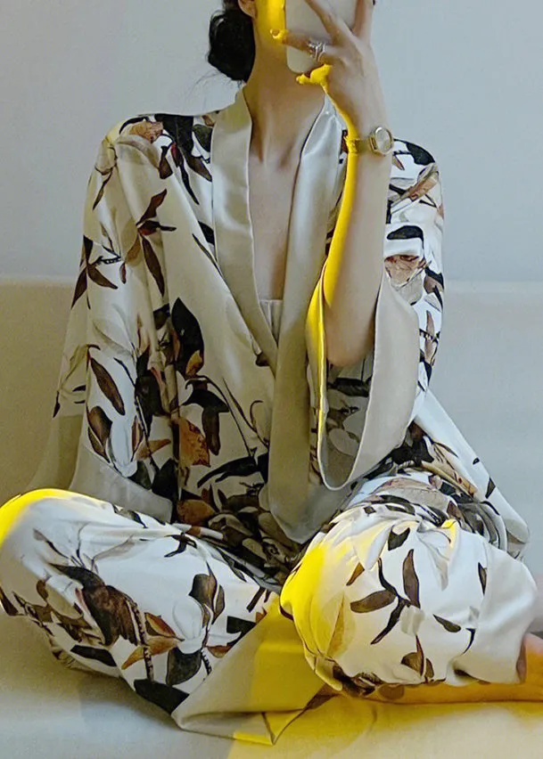 Elegant V Neck Print Tie Waist Satin Pajamas Two Piece Set Spring TO1048