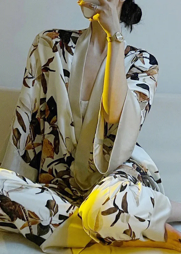 Elegant V Neck Print Tie Waist Satin Pajamas Two Piece Set Spring TO1048