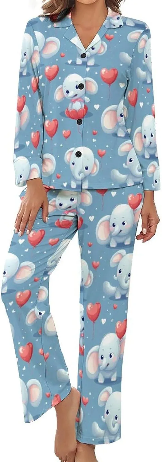 Elephant Womens Pajamas Satin PJ Set Button Down Loungewear Set 2 Piece Lounge Sets