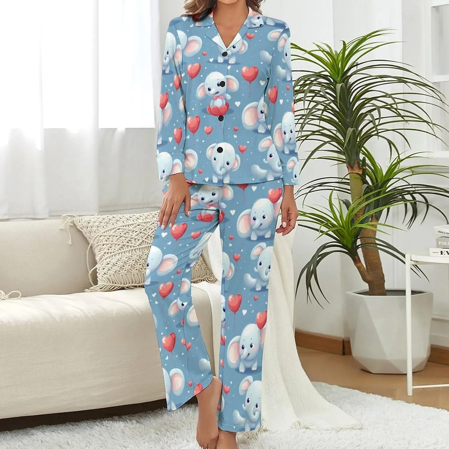 Elephant Womens Pajamas Satin PJ Set Button Down Loungewear Set 2 Piece Lounge Sets