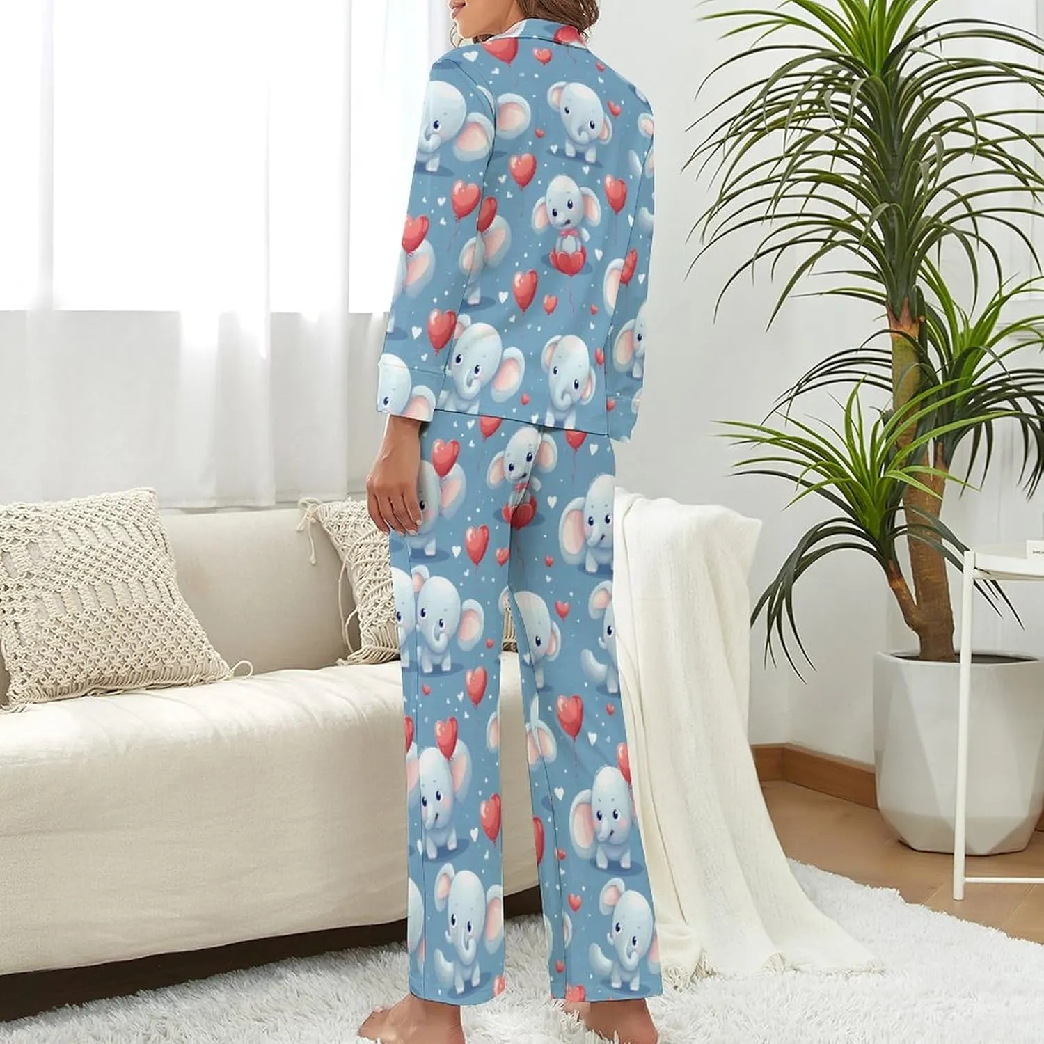 Elephant Womens Pajamas Satin PJ Set Button Down Loungewear Set 2 Piece Lounge Sets
