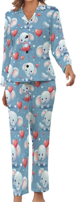 Elephant Womens Pajamas Satin PJ Set Button Down Loungewear Set 2 Piece Lounge Sets