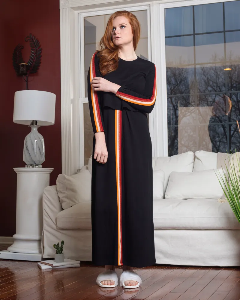 Ellwi Colored Ribbon Black Cotton Nursing Nightgown