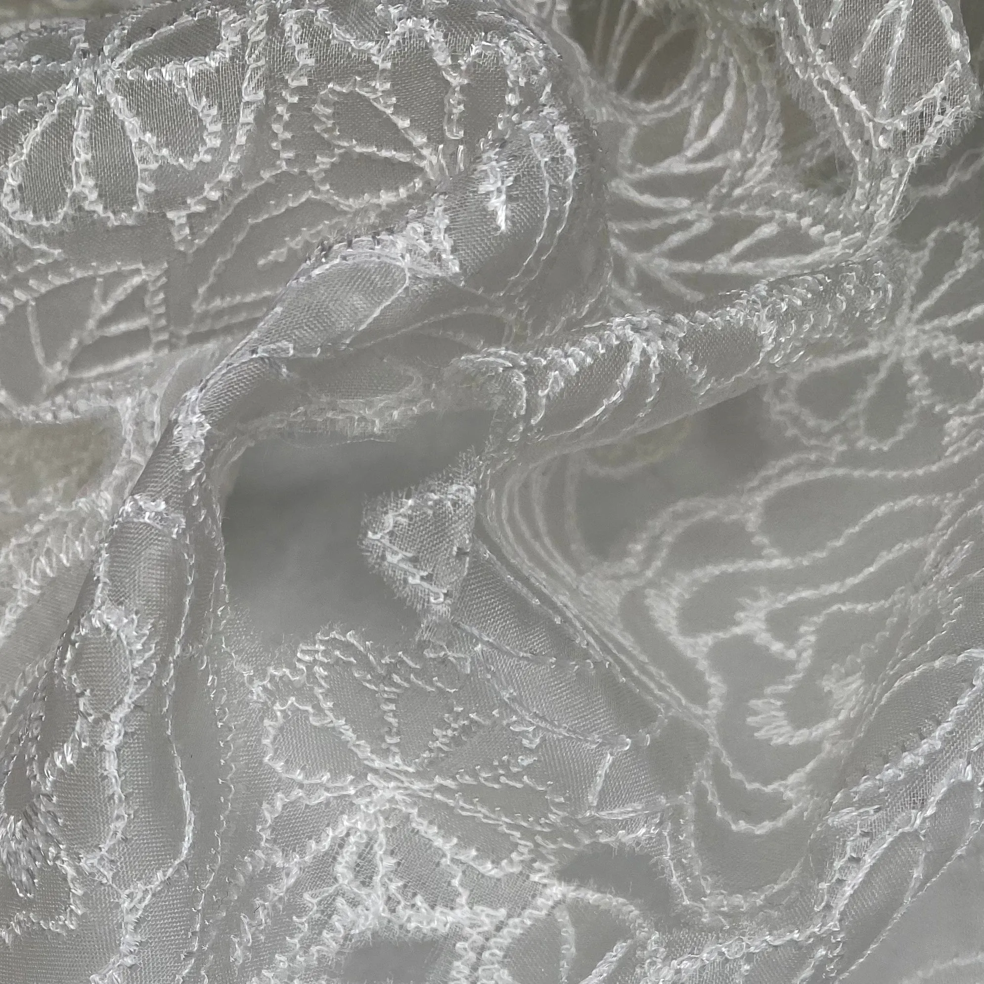 Embroidered Laser Cut Silk Organza  - Floral - White