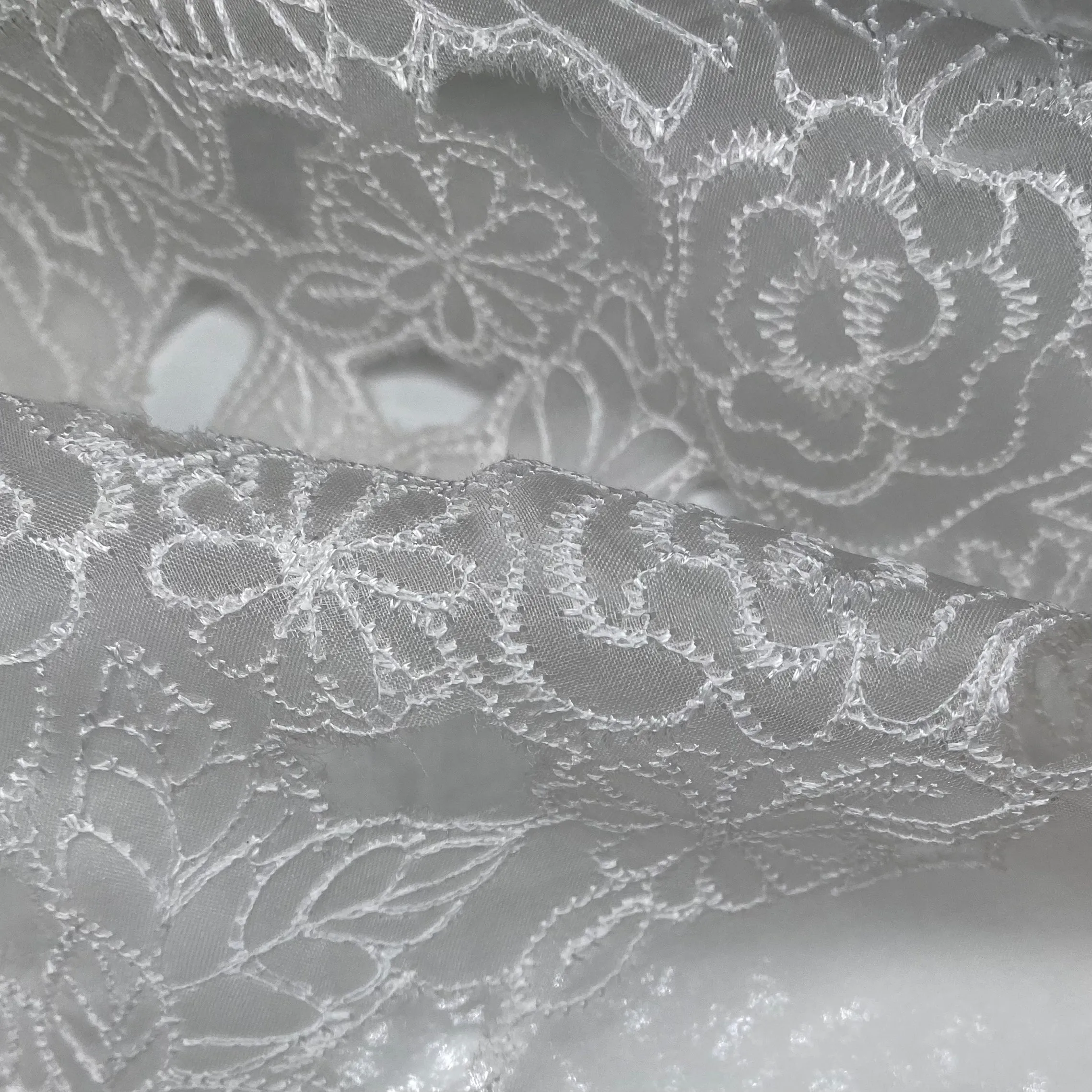 Embroidered Laser Cut Silk Organza  - Floral - White