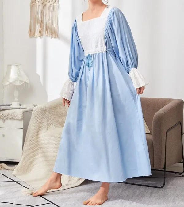 Embroidered Yoke Flounce Sleeve Belted Nightdress