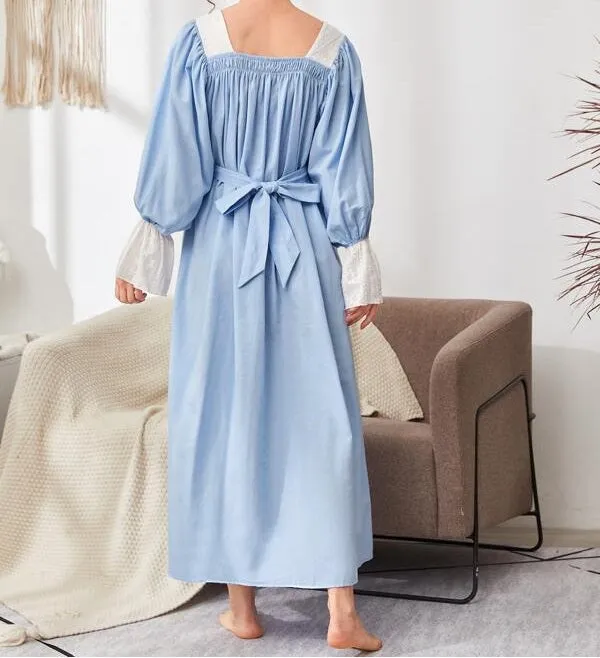 Embroidered Yoke Flounce Sleeve Belted Nightdress