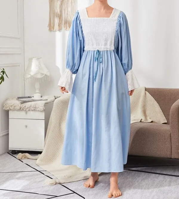 Embroidered Yoke Flounce Sleeve Belted Nightdress