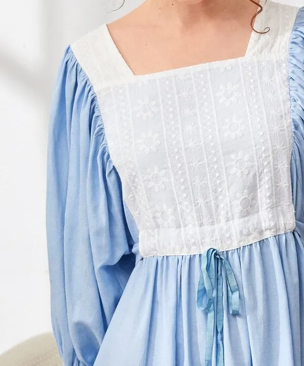 Embroidered Yoke Flounce Sleeve Belted Nightdress