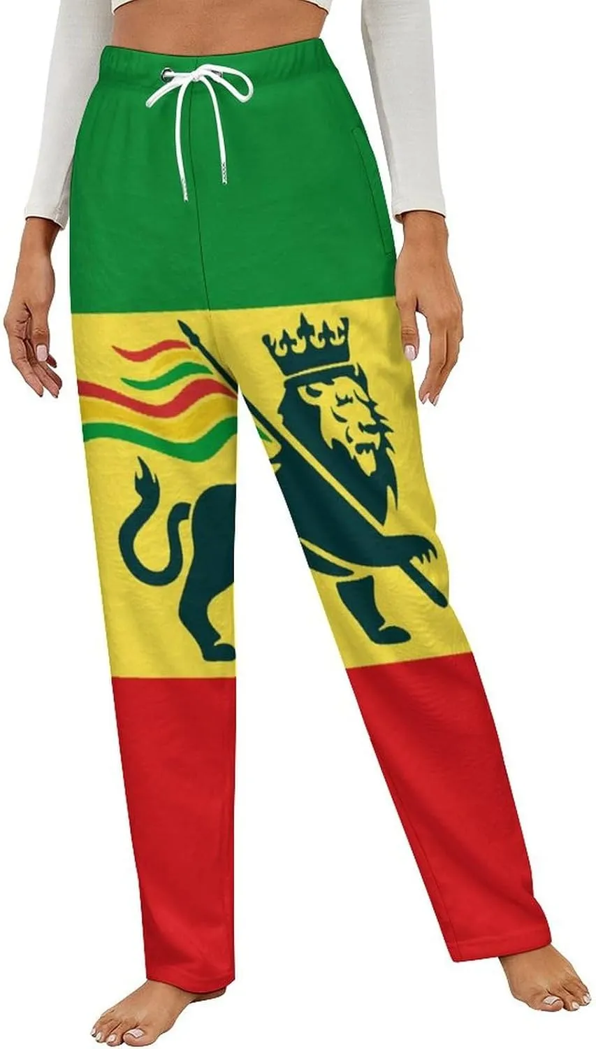 Ethiopian Rastafarian Lion Flag Women's Flannel Pajama Pants Fleece Lounge Sleep Bottoms PJ