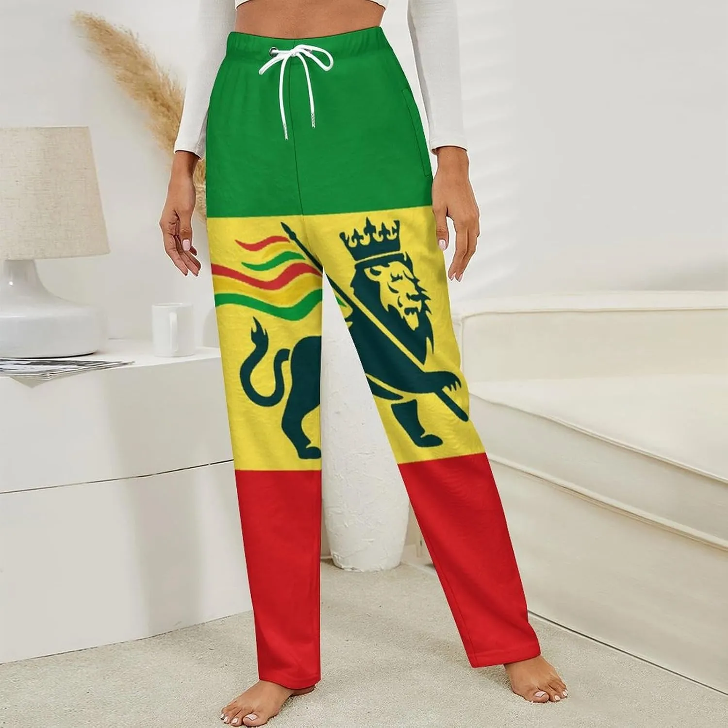 Ethiopian Rastafarian Lion Flag Women's Flannel Pajama Pants Fleece Lounge Sleep Bottoms PJ